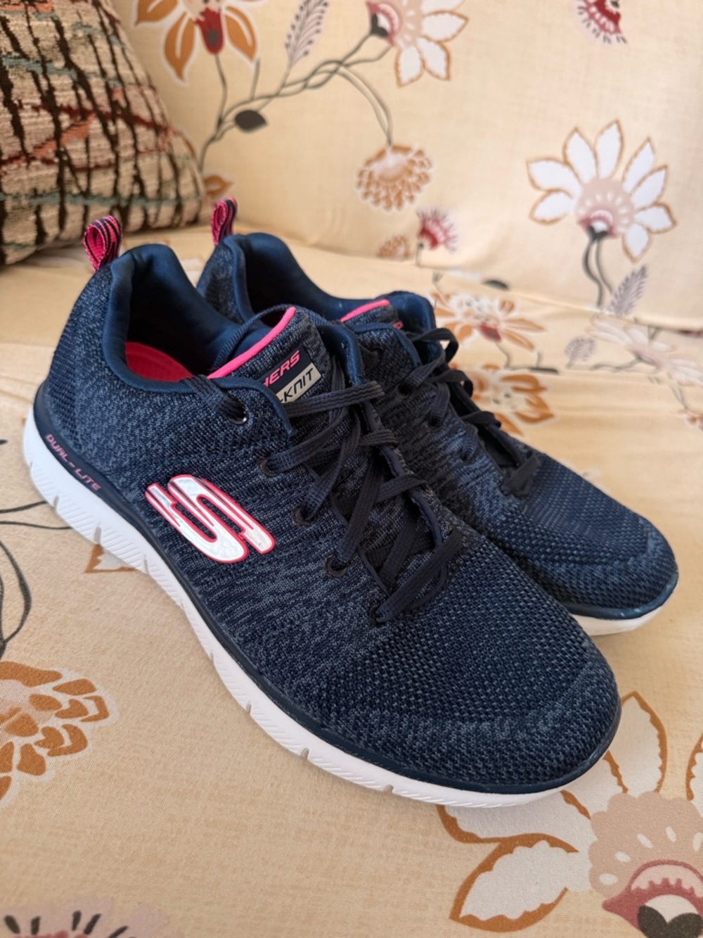 Skechers Charcoal Knit Lace-Up Sneakers with Hot Pink Lining